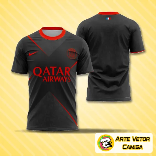 Camisa estilizada com logo no peito e estampa grande nas costas em design moderno e atraente, ideal para fãs do PSG que buscam estilo e originalidade em sua roupa.