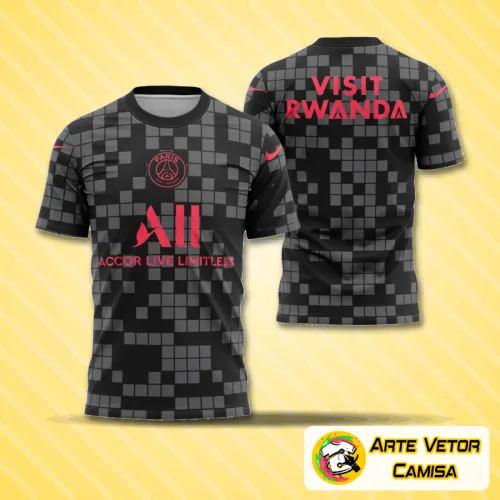 Camisa estilizada com logo no peito e estampa grande nas costas, destacando um design moderno inspirado no PSG para quem busca estilo e personalidade marcante.