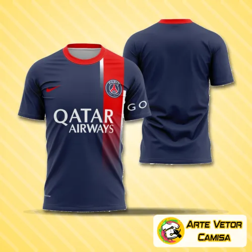 Camisa PSG com logo no peito e estampa grande nas costas, trazendo design exclusivo para os torcedores apaixonados, com cores vibrantes e visual moderno que realça a identidade do time em cada detalhe.