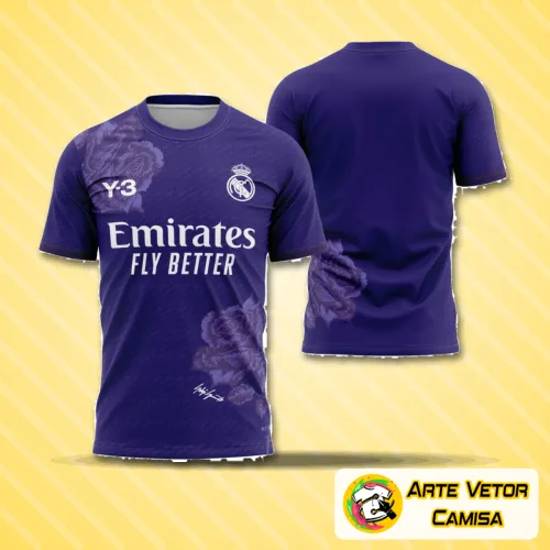 Camisa do Real Madrid 2023-2024 com logo no peito em destaque e estampa grande nas costas exibindo design moderno e elegante em cores oficiais do time