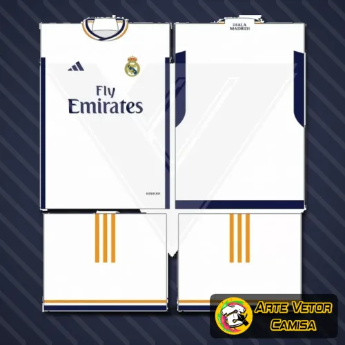 Camisa do Real Madrid com logo no peito e estampa grande nas costas em destaque, apresentando um design moderno e vibrante que celebra a tradição do time.