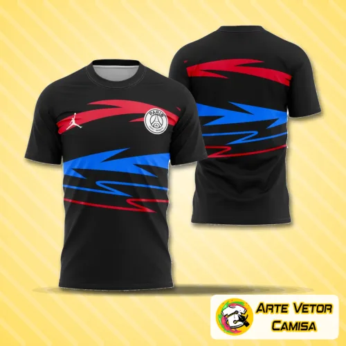 Camisa com logo no peito e estampa grande nas costas, apresentando cores vibrantes e design moderno inspirado no estilo do PSG.