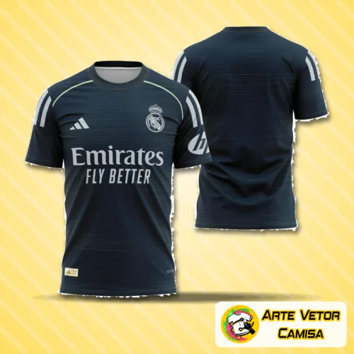 Camisa do Real Madrid 2025-2026 com logo no peito e estampa grande nas costas capturada em luz natural, destacando detalhes e cores vibrantes do uniforme de visita