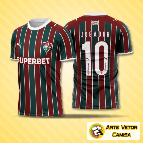 Camisa final do Fluminense com logo no peito e estampa grande nas costas em destaque, mostrando detalhes vibrantes e design moderno para torcedores apaixonados.