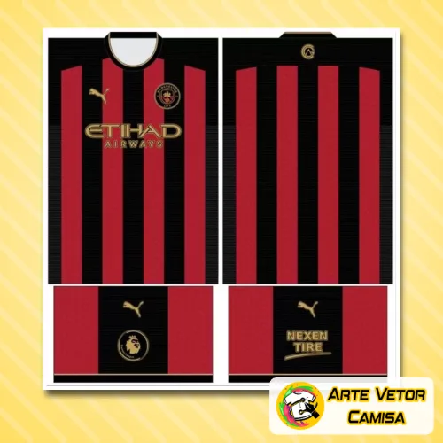 Camisa com logo no peito e estampa grande nas costas destacando o conceito moderno do Manchester City 2024 em cores vibrantes e design inovador.