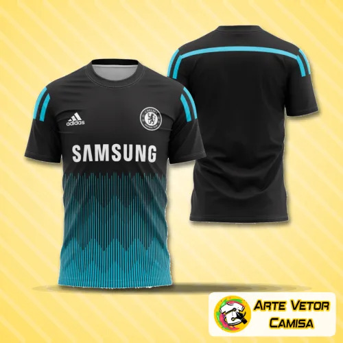 Camisa com logo no peito e uma estampa grande nas costas que destaca o design exclusivo da temporada Chelsea 2014-2015, com cores vibrantes e detalhes marcantes que remontam à época histórica do time.