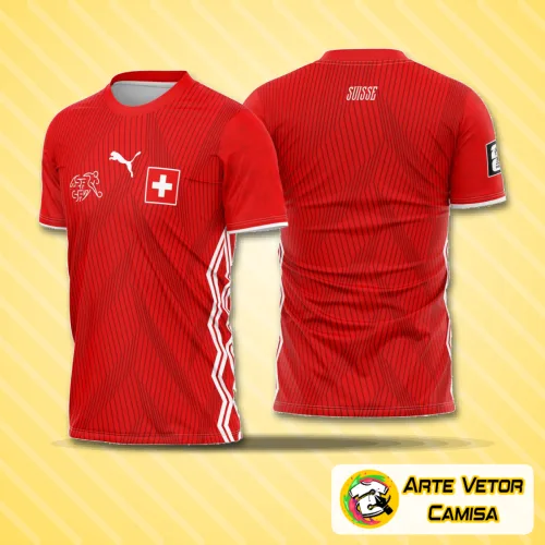Foto da camisa Suíça 2026 com logo no peito e estampa grande nas costas exibindo cores vibrantes e detalhes modernos em design esportivo elegante.