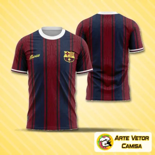 Vista frontal da camisa com logo no peito em destaque e estampa grande nas costas mostrando design retrô com detalhes vibrantes inspirados em Barcelona 2025.