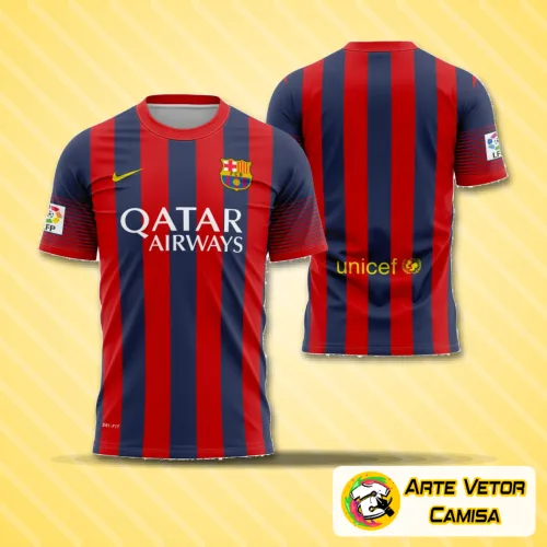 Camisa do Barcelona 2013-2014 com logo no peito e estampa grande nas costas, apresentando as cores vibrantes tradicionais do time e detalhes marcantes que destacam seu design clássico.