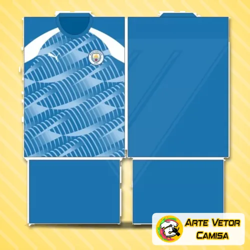 Imagem da camisa Manchester City conceito 2024 mostrando o logo no peito e uma estampa grande nas costas com design moderno e impactante, todas as cores vibrantes e com detalhes que remetem ao estilo do time.
