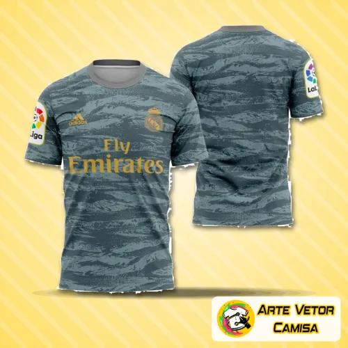 Camisa verde do goleiro do Real Madrid 2019-2020, destacando o logo no peito e uma estampa grande nas costas, em design moderno e vibrante com detalhes essenciais do uniforme oficial
