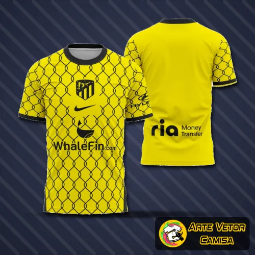 Camisa com logo no peito destacando o símbolo do Atlético de Madrid e estampa grande nas costas exibindo design vibrante inspirado no clube em 2022, combinando cores clássicas e detalhes marcantes.