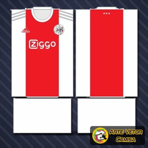 Camisa Ajax com logo no peito e estampa grande nas costas exibindo um design marcante e cores vibrantes, perfeita para torcedores apaixonados exibirem seu orgulho com estilo e personalidade.