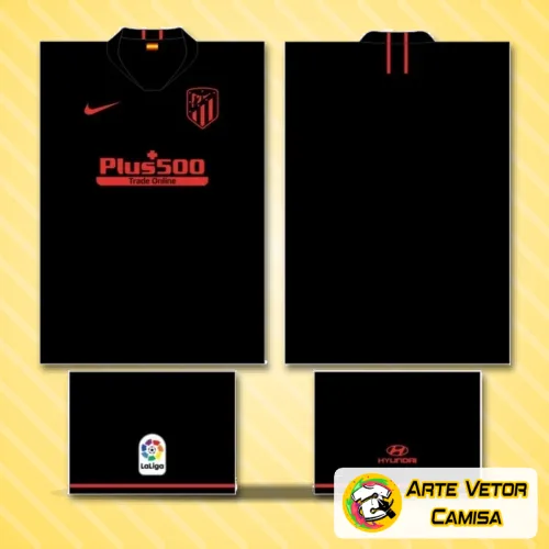 Imagem da camisa com logo no peito e estampa grande nas costas, destacando o design vibrante e as cores características do Atlético de Madrid.
