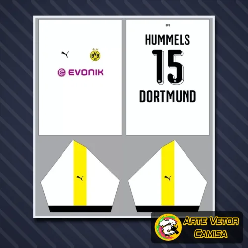 Camisa do Borussia Dortmund com logo no peito e estampa grande nas costas, apresentando design moderno e cores vibrantes que destacam a paixão pelo time de forma marcante e elegante.