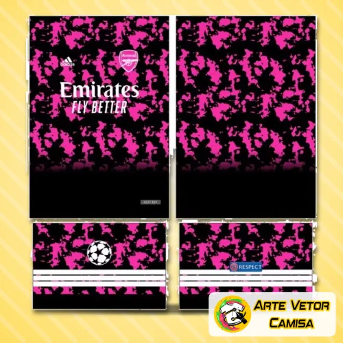 Camisa com logo no peito visível em destaque e estampa grande nas costas exibindo design marcante que representa o Arsenal com cores vibrantes e detalhes imponentes.