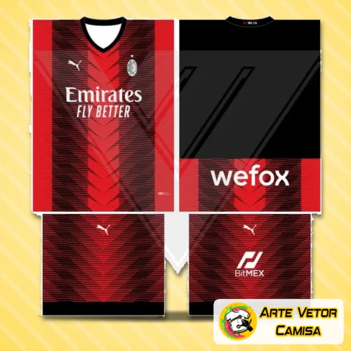 Imagem da camisa com logo no peito e estampa grande nas costas, destacando o design exclusivo inspirado no AC Milan conceito 2024, com cores vibrantes e detalhes modernos que ressaltam a identidade do clube.