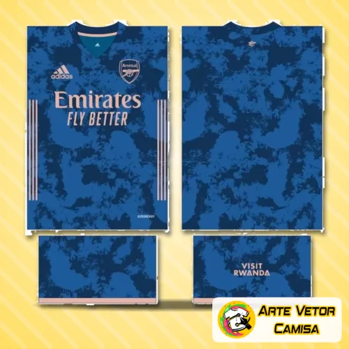 Camisa com logo no peito em destaque e estampa grande nas costas, mostrando o clássico estilo do Arsenal com cores vibrantes e design marcante para fãs do time e colecionadores.