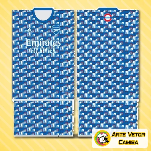 Camisa com logo no peito e estampa grande nas costas, posicionada para destacar o design clássico do Arsenal, cores vibrantes e detalhes que remetem ao time.