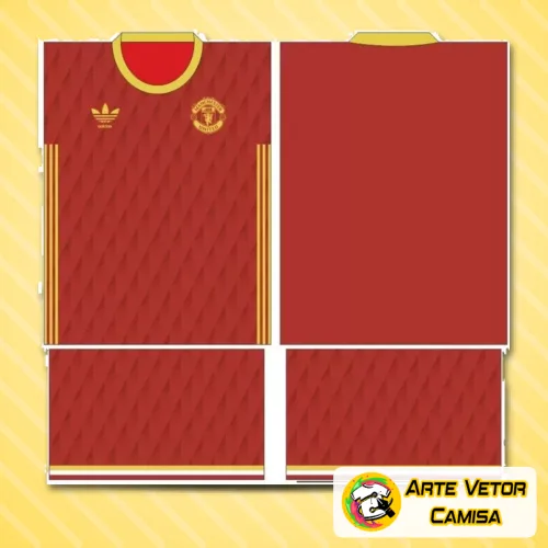 Camisa com design moderno do Manchester United, apresentando o logo no peito e uma estampa grande nas costas que destaca o estilo conceitual da temporada 2024 com cores vibrantes e detalhes exclusivos.