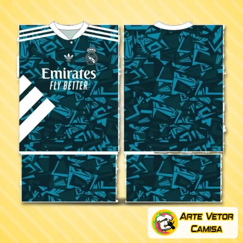 Camisa Real Madrid com logo no peito, estampa grande nas costas destacando detalhes clássicos e design elegante em cores típicas do clube.
