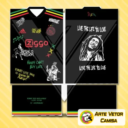 Camisa Ajax com logo no peito e estampa grande nas costas exibindo detalhes modernos e vibrantes que ressaltam a identidade do time com cores marcantes e design diferenciado.