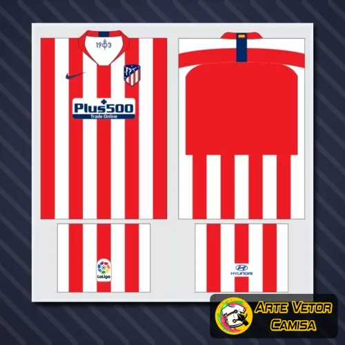 Camisa com logo no peito e estampa grande nas costas, exibindo design moderno e vibrante inspirado no Atlético Madrid 2024, com cores marcantes e detalhes únicos que destacam a paixão pelo time.