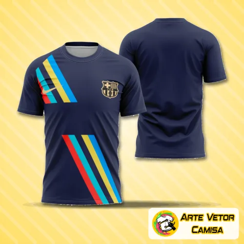 Camisa do Barcelona com logo no peito e estampa grande nas costas em cores vibrantes para o estilo visita pré-jogo 2022-2023, destaque para detalhes modernos e design arrojado.
