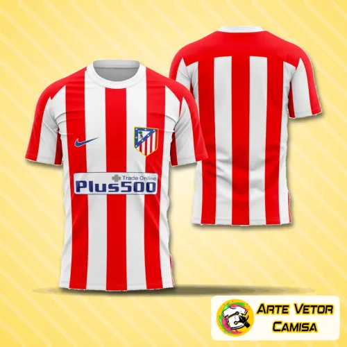 Camisa do Atlético de Madrid 2016-2017 com logo no peito e estampa grande nas costas, destacando as tradicionais listras vermelhas e brancas em material moderno e acabamento detalhado.