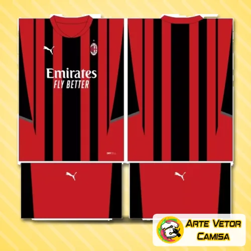 Imagem da camisa com logo no peito e estampa grande nas costas, seguindo o estilo moderno e inovador da temporada 2024 do AC Milan, destacando cores vibrantes e design arrojado.