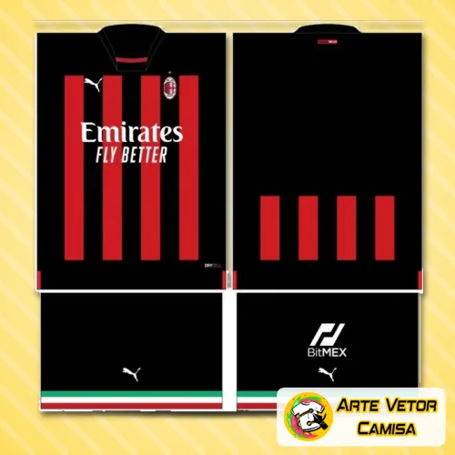 Foto da camisa final com o logo no peito destacado e uma estampa grande nas costas que demonstra a identidade marcante do AC Milan numa combinação moderna de cores e design arrojado.