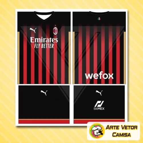 Camisa com logo no peito e estampa grande nas costas, apresentando design moderno inspirado no AC Milan para 2024, com cores vibrantes e detalhes que destacam o visual emblemático do clube.