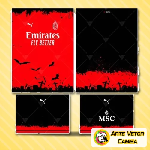 Camisa estilo AC Milan com logo no peito destacado e estampa grande nas costas, moderna e vibrante, com detalhes em vermelho e preto que remetem à paixão e tradição do clube.