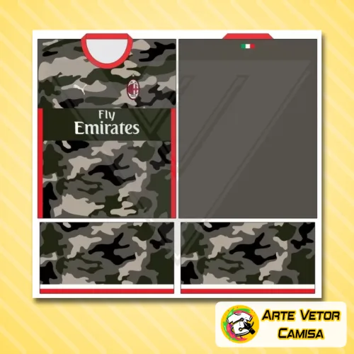 Camisa preta e vermelha do AC Milan com o logo no peito destacado e estampa grande nas costas apresentando design moderno e vibrante, perfeita para fãs do time mostrarem sua paixão com estilo.
