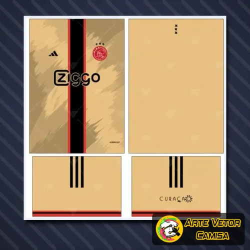 Camisa com logo no peito e estampa grande nas costas inspirada no Ajax, mostrando detalhes icônicos das cores e símbolos do time que destacam o estilo autêntico da peça.