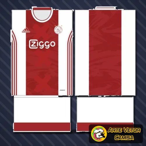 Camisa com logo no peito em destaque e estampa grande nas costas mostrando o design inspirado na tradicional uniforme do Ajax, combinando cores vibrantes e traços modernos para um visual marcante e autêntico.