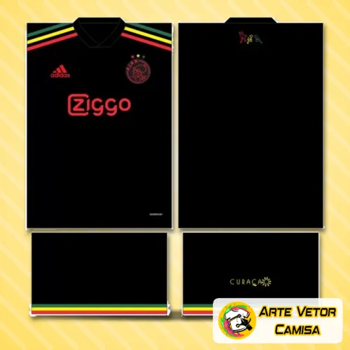 Camisa com logo no peito em destaque e estampa grande nas costas, apresentando design clássico com cores vibrantes que remetem à tradição do time Ajax.