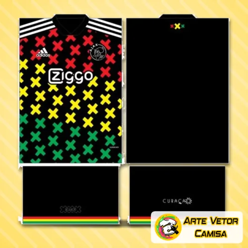 Camisa Ajax com logo no peito e estampa grande nas costas destacando um design retrô vibrante e detalhado, perfeita para fãs que buscam estilo e autenticidade.