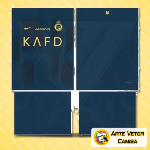 Foto da camisa Al Nassr mostrando o logo no peito de forma destacada e uma estampa grande nas costas que realça o design vibrante e moderno, perfeita para quem gosta de estilo marcante.