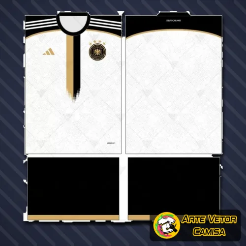 Camisa da Alemanha com logo no peito e estampa grande nas costas, destacando as cores vibrantes e traços detalhados que remetem ao espírito do futebol alemão em estilo contemporâneo.