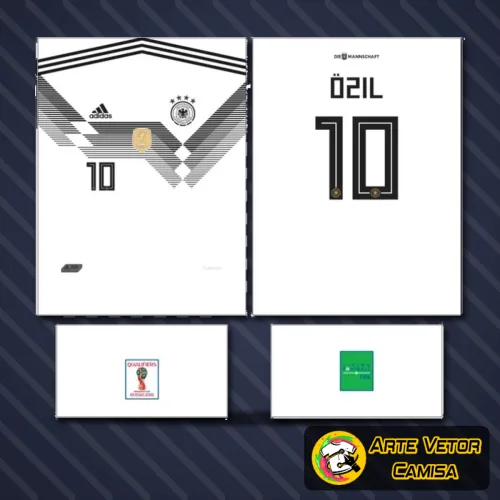 Camisa da Alemanha com logo no peito visível e estampa grande nas costas, exibindo design impecável e cores vibrantes que destacam a paixão pelo futebol e estilo nacional.
