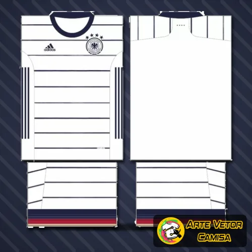 Foto de uma camisa da Alemanha com logo no peito e estampa grande nas costas, mostrando detalhes marcantes na frente e um design imponente nas costas, ideal para torcedores cheios de estilo.