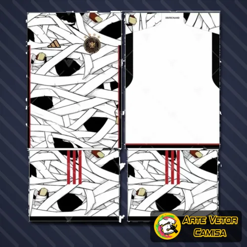 Imagem da camisa da Alemanha destacando o logo no peito e uma estampa grande nas costas com cores vibrantes e detalhes realistas, perfeita para quem busca estilo e personalidade em peças esportivas.