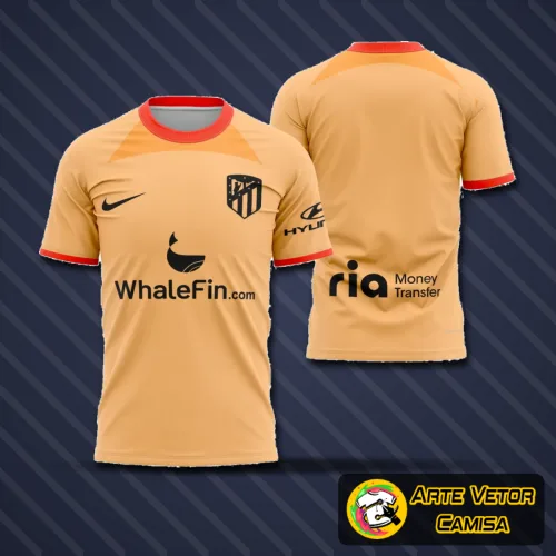 Camisa com logo no peito do Atlético de Madrid em destaque e estampa grande nas costas, mostrando detalhes vibrantes das cores vermelho e branco com design alternativo moderno para a temporada 2022-2023.