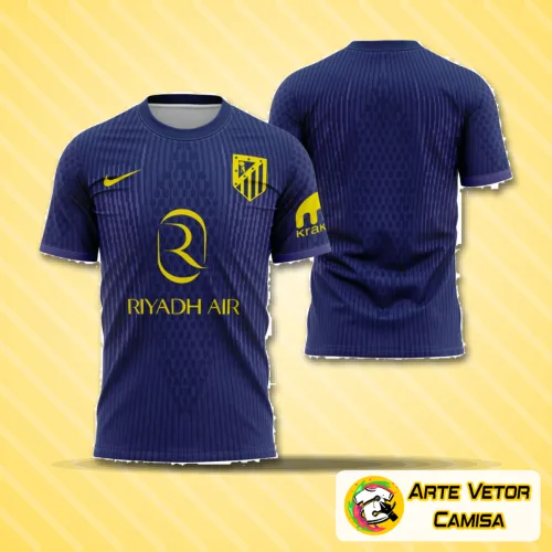 Camisa com logo no peito do Atlético de Madrid e estampa grande nas costas, exibindo design moderno da temporada 2025-2026 em cores vibrantes e detalhes marcantes para fãs do time.