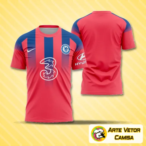 Imagem de uma camisa futebolística com logo no peito e estampa grande nas costas mostrando detalhes vibrantes da temporada 2020-2021 do Chelsea