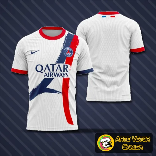 Camisa com logo no peito e estampa grande nas costas, exibindo visual moderno e vibrante inspirado no PSG 2025 2026, combinando estilo esportivo e elegância para torcedores apaixonados pelo time.