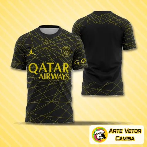 Camisa final com logo no peito e estampa grande nas costas, exibindo design exclusivo e moderno inspirado no PSG temporada 22-23, com detalhes que destacam o estilo único da peça.