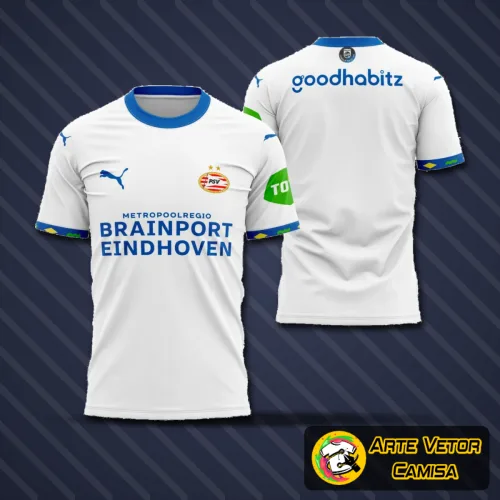 Camisa do Psv Eindhoven com logo no peito e estampa grande nas costas, trazendo design moderno e vibrante com detalhes marcantes em vermelho e branco, perfeita para fãs que apreciam estilo e autenticidade.