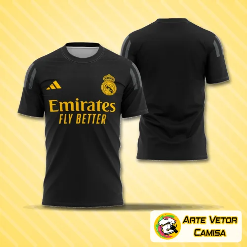 Camisa branca do Real Madrid com logo no peito e estampa grande nas costas, exibindo design alternativo para a temporada 2023-2024, com detalhes modernos e visual impactante.